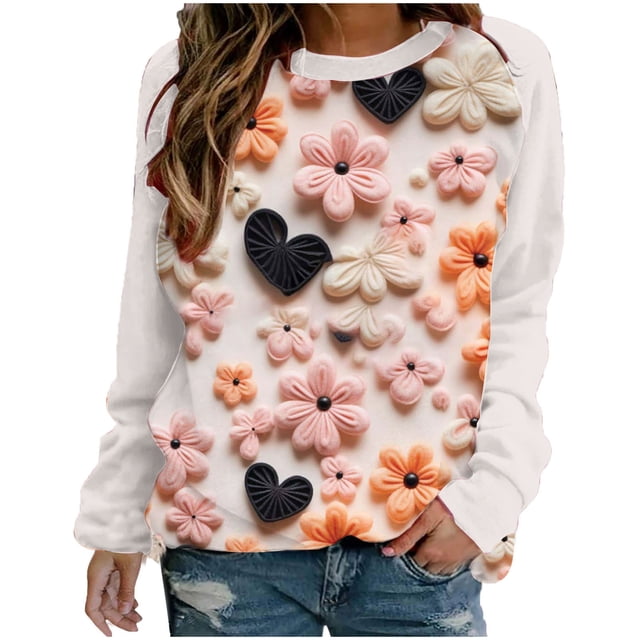 VALMASS Chandails en Molleton Col Rond pour Femmes Saint-Valentin Imprimé Floral Manches Longues Mode Décontractée Blouses Sans Capuche (TG, Beige)