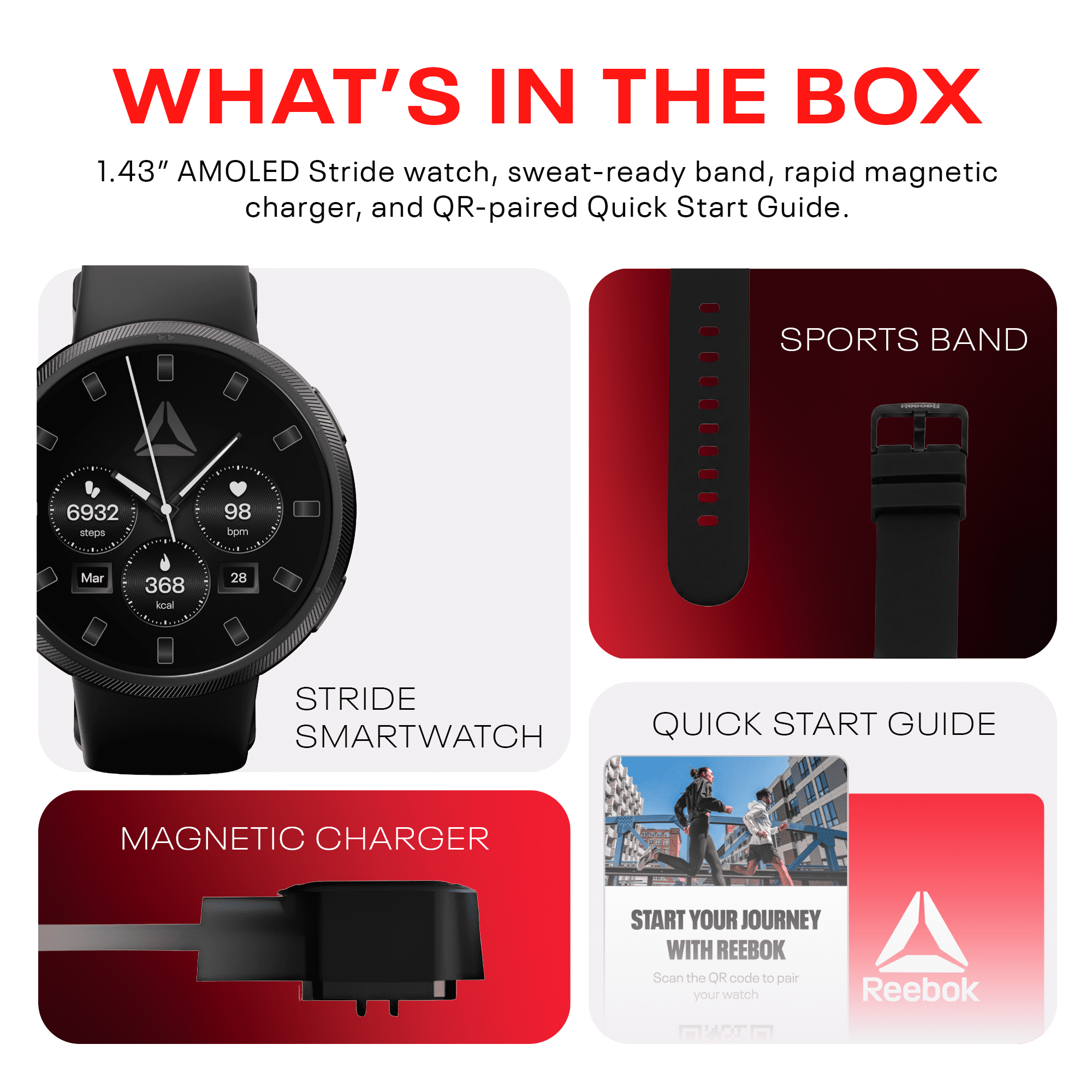 REEBOK Stride Smartwatch Scratch-Resistant Black Plastic Case with Black Watch Band, 1 Pack