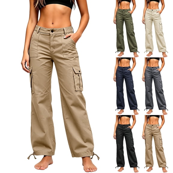 Idoravan Womens Cargo Pants Straight Leg Women's Outdoor Work Straight-Leg Cargo Pants with Multiple Pockets and Drawstring Hem