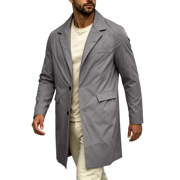 EANJE Mens Trench Coat Notched Lapel Single Breasted Long Windbreaker Jacket Lightweight Casual Classic Overcoat Gray M