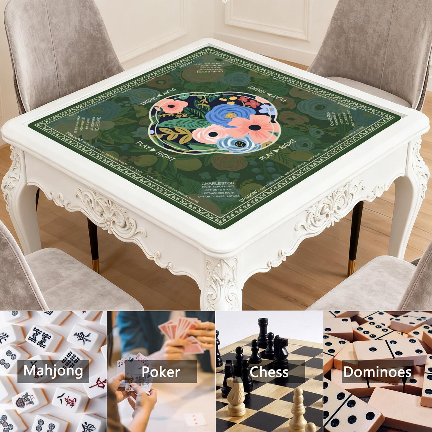 Floral Mahjong Mat with Rules, 31.5*31.5in Anti Slip American Mahjong Mat for Table, Noise Reduction, Neoprene Mah jongg Mats with Carrying Bag & 3 Dices, Mahjong Supplies Gift, Board Tile Games Mats