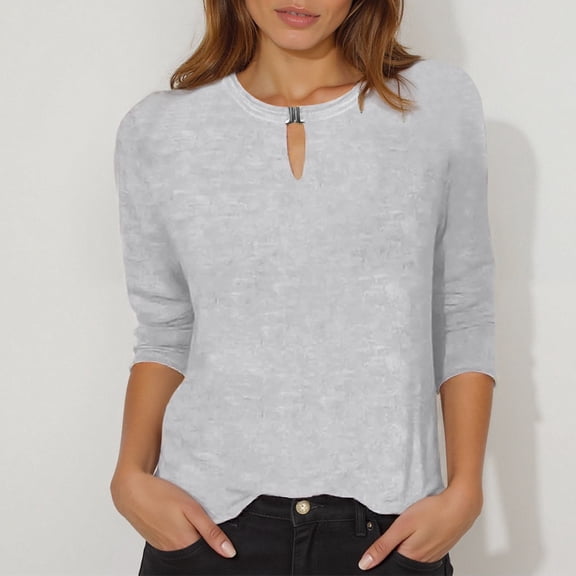 Adeawade Womens Tops Round Neck Solid Color T Shirts 3/4 Sleeve Charm Tee Daily Wear 2Xl Grey