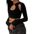 thumbnail image 2 of Douhoow Women Cut Out Crop Shirt Halter Criss Cross Basic Long Sleeve Tee Club Tops, 2 of 8