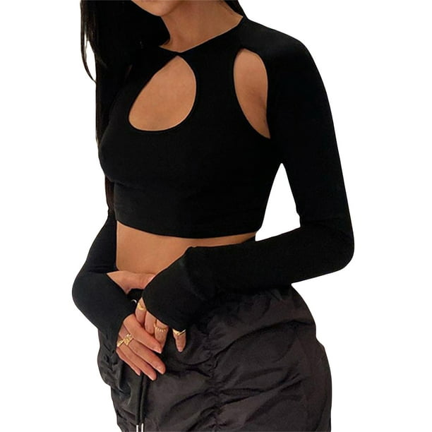 VISgogo blusas cortas de verano para mujer Color solido manga larga cuello redondo recorte unico blusa delgada con ombligo recortado VISgogo