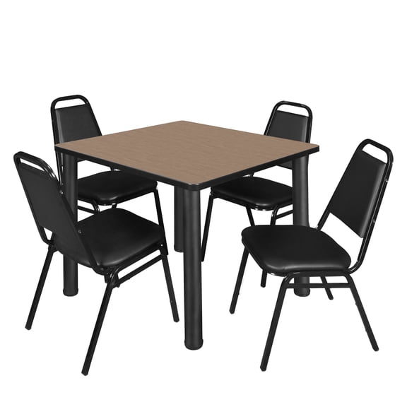 Trek 42" Square Breakroom Table- Noble Oak/ Black & 4 Restaurant Stack Chairs- Black