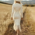 thumbnail image 4 of MORTTIC Women's Solid Color Fringe Zip-Front Bodycon Dress, Bohemian Stand Collar Long Sleeve Mini Dress Apricot，S, 4 of 5