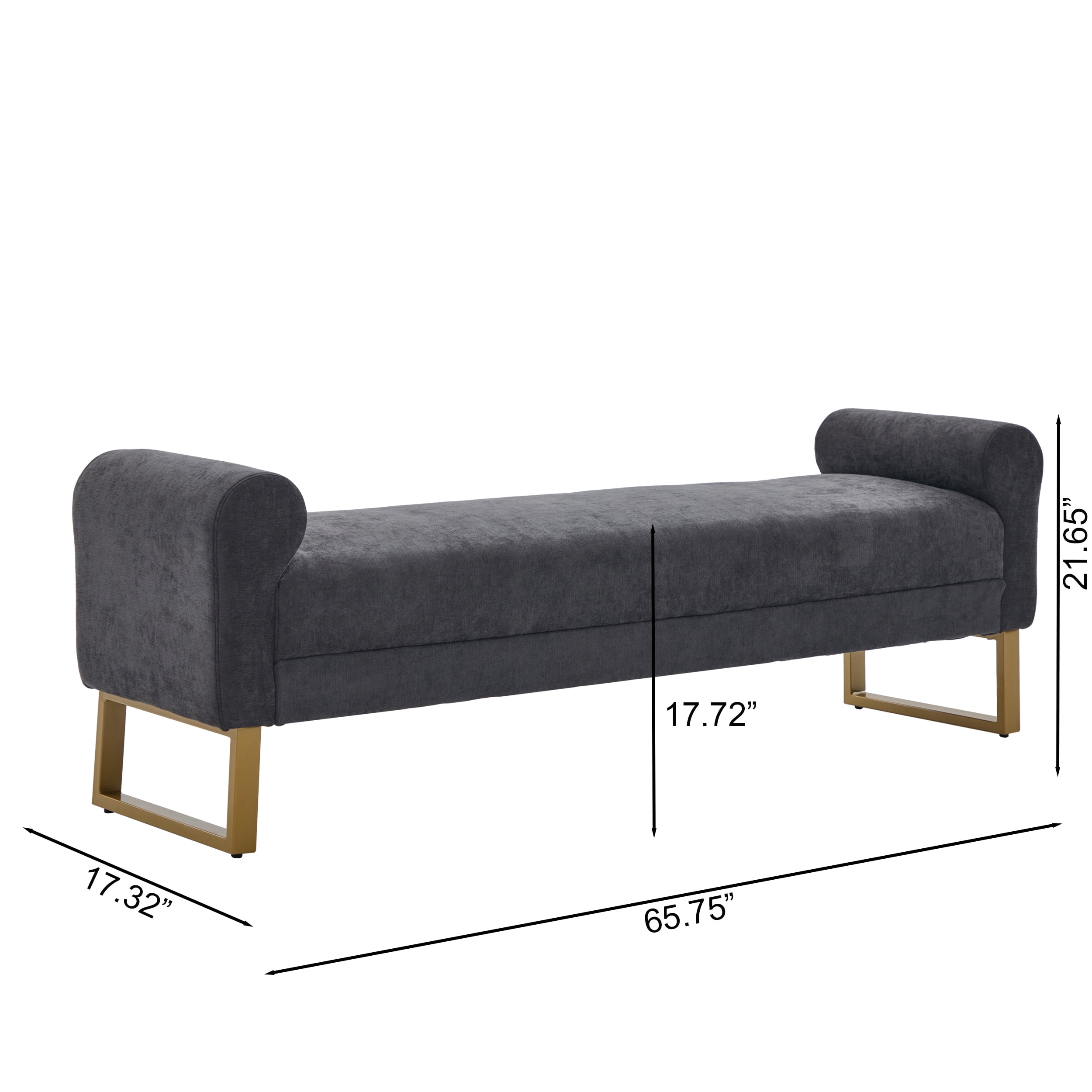 Ottoman Bench 65.4 Inch, Chenille Upholstered Bench with Gold Metal Legs, End of Bed Bench for Bedroom and Living Room, Dark Gray