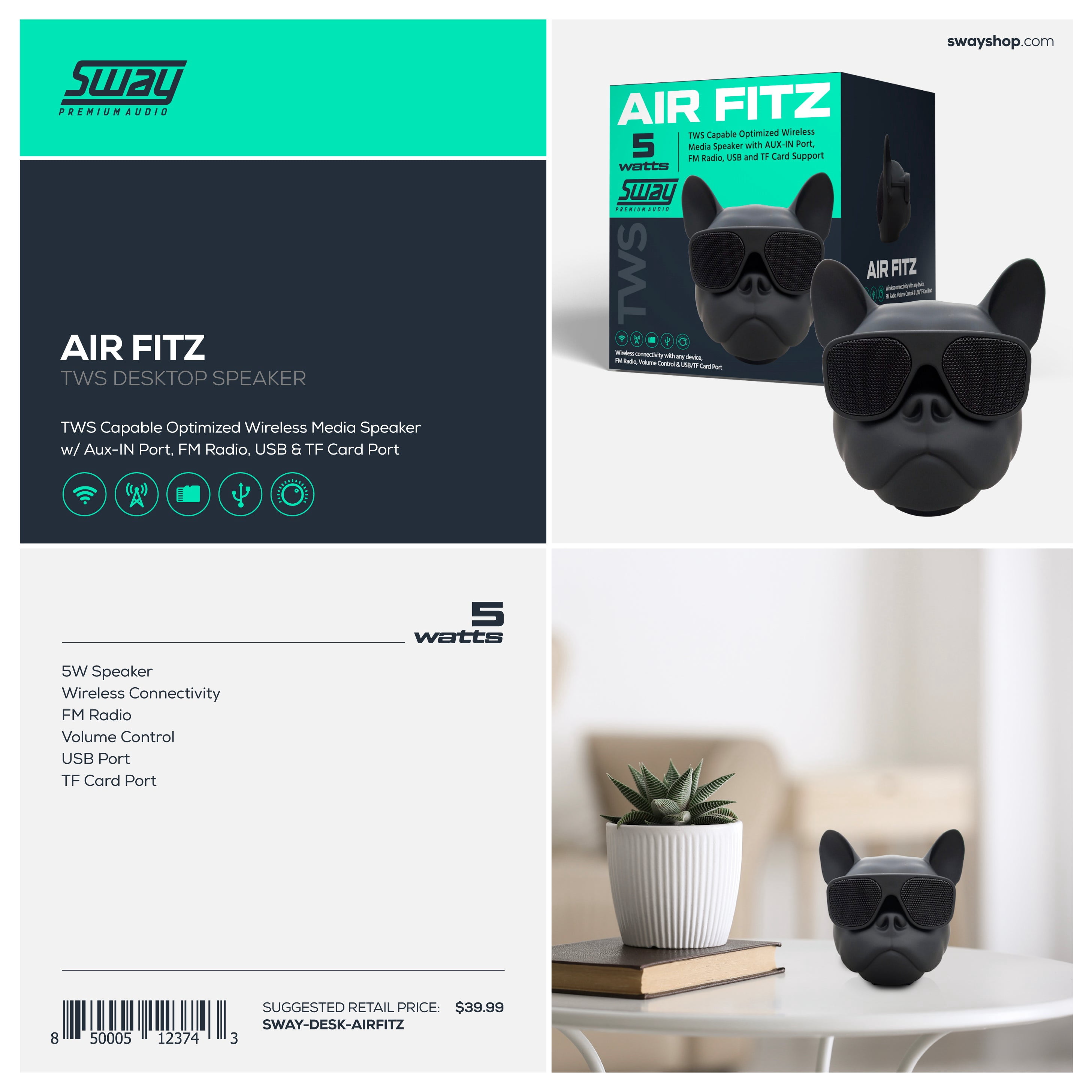 Sway Air Fitz Desktop Bluetooth Media Speaker Black