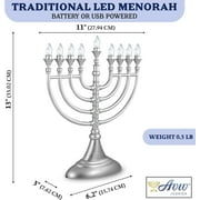 Aviv Judaica Traditional Hanukkah LED Electric Menorah Powered by Battery or USB Chanukiah - 4' Micro USB Cable Included Electronic Chanukah Candles Minorah Lighted Hanukah Decorations (Matte Silver)
