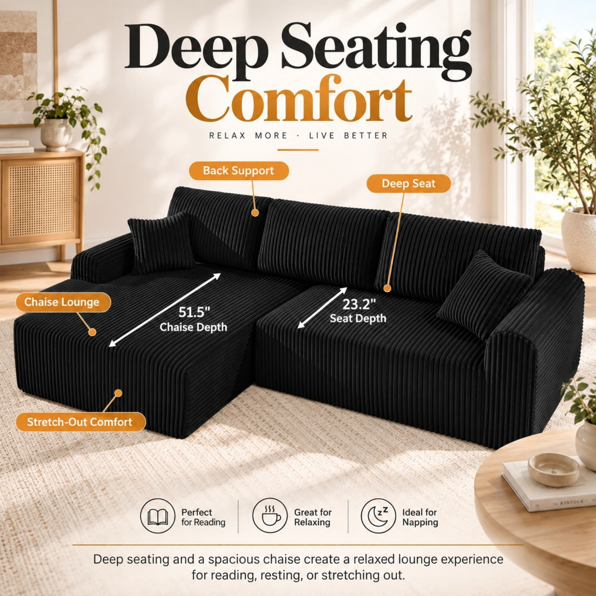 DEALTOPS 109" Corduroy L-Shape Floor Cloud Couch, Deep Seat Modular Sectional Sofa, Left Chaise, Black