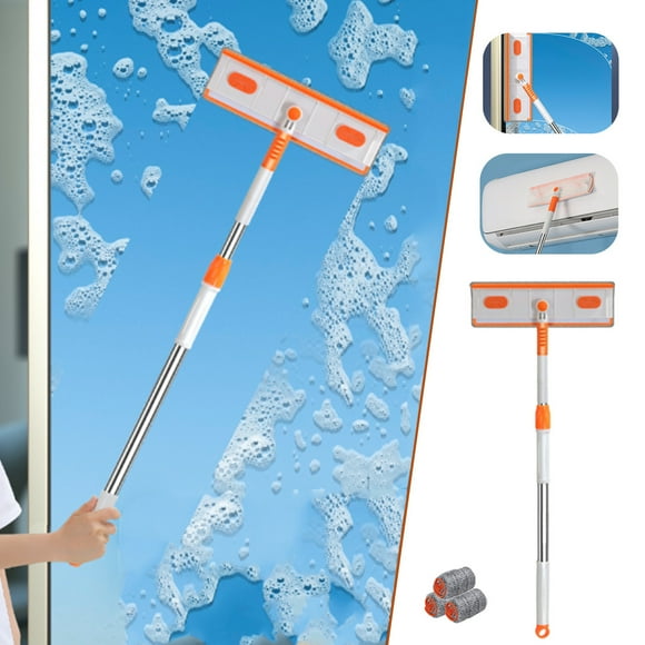 LSLJS Glass Cleaner With Retractable Handle, Flexible Pole, Double Scraper Bar and 3 Cleaning Cloths, Indoor/outdoor Window Glass Cleaning Tool, Window Squeegee