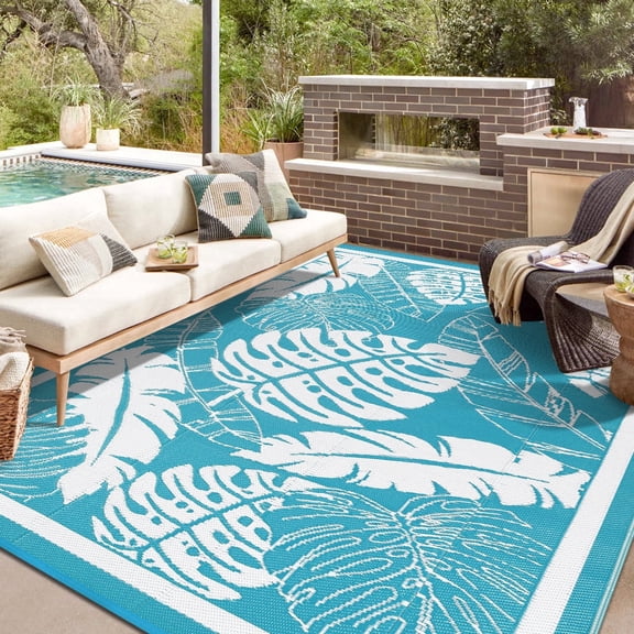 Findosom 8'x10' Outdoor Rug Patios Rug Waterproof RV Outdoor Rug Camping Rugs Reversible Plastic Straw Rug Large Outdoor Mat Outdoor Area Rug for Camping,Balcony Apartment,Patio,Picnic,Beach Teal