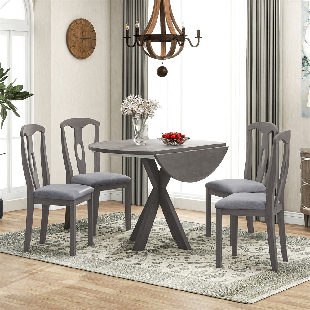 5Piece Round Dining Table Set for 4, Rustic Farmhouse Kitchen