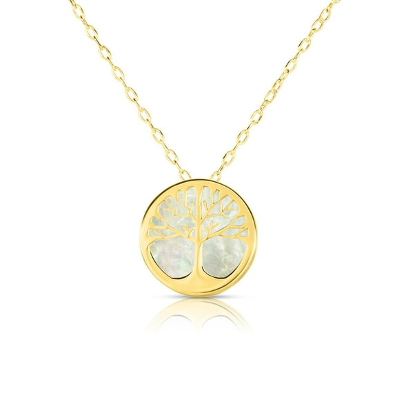 14K Yellow Gold Mother Of Pearl Tree Of Life Pendant Necklace, 16"