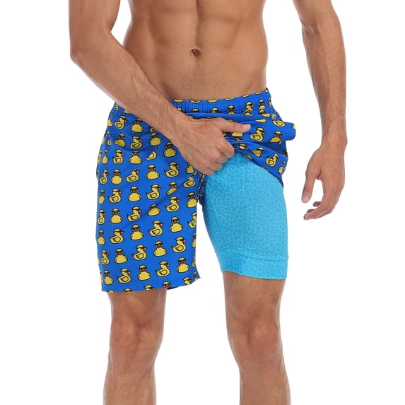 LRD Men's Swim Trunks with Compression Liner 7 Inch Inseam Gangsta Ducks / Pool L