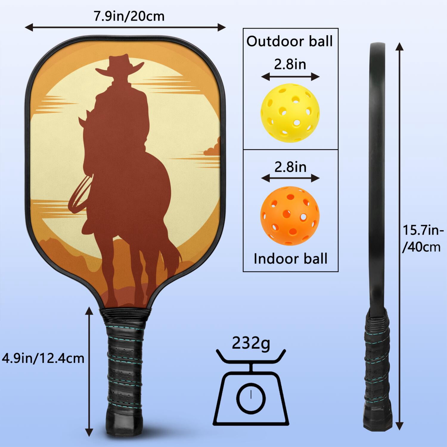 Pickleball Paddles Set Of 2, Fiberglass Surface, West & Cowboy Print, 4 Balls & Bag