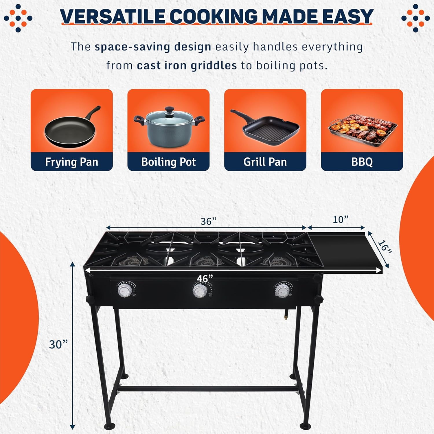 SONRET - Three Burner Propane Outdoor Camping Stove - 2,25,000 High BTU - with Side Shelf