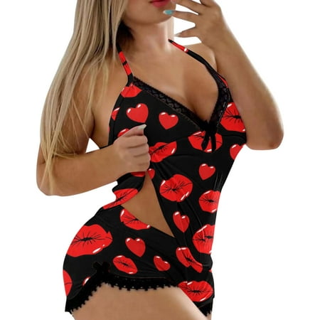 

Lingerie Pajama Sets for Women Camouflage Lips Printing Camisole Shorts 2 Piece Set Sleepwear Lace Backless Trim Hot Pants Suit Pajamas