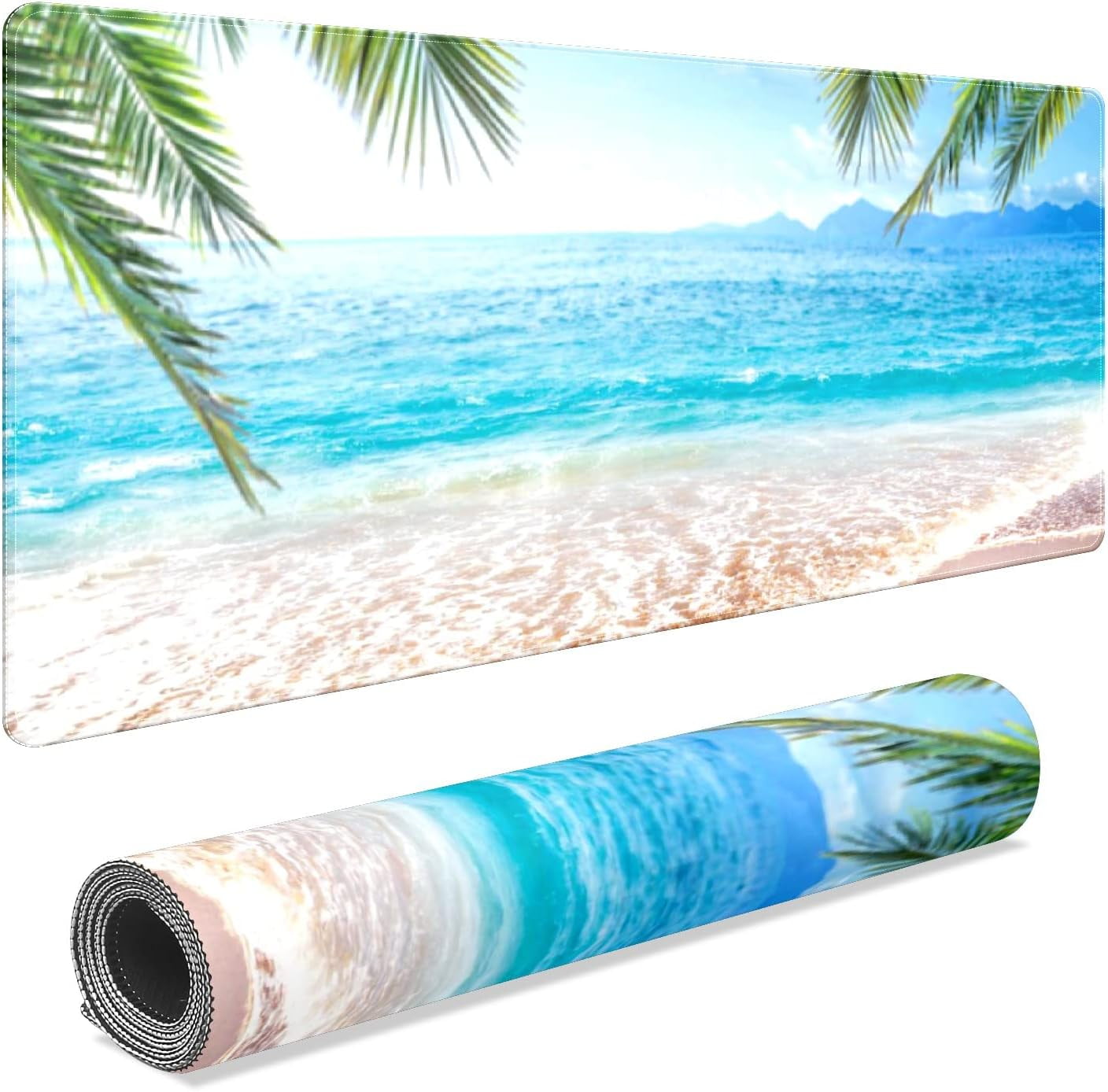 Palm Trees Beach Waves Desk Mat, Desk Accessory, Cute Workspace, Trendy Workspace, Trendy, 35.4x15.7in Large Gaming Mouse Pad, Cute Desk Topper, Pretty Desk Pad