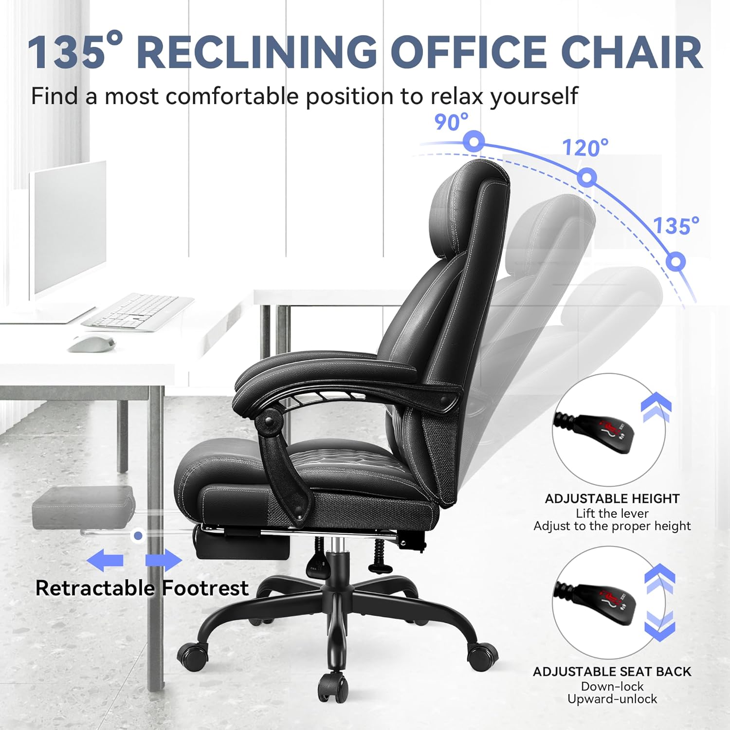 Office Chair, Big and Tall Office Desk Chair, Reclining Office Chair with Footrest Home Office Desk Chairs, High Back Ergonomic with Lumbar Support, Executive Leather