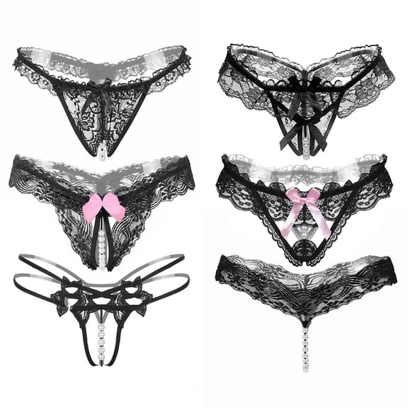 High Waist Underwear Women 6pack Lace Underwear Women's Thong Sheer Lace Open Crotch with Pearl Briefs Panties Black One Size