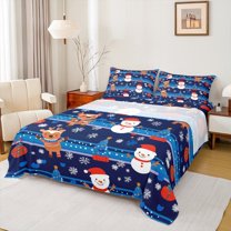 Manfei Kawaii Reindeer Snowman Bed Sheets for Kids, Merry Christmas King Sheets, Blue Stripes Geometric Sheet Set, Breathable Home Decor, 4pcs