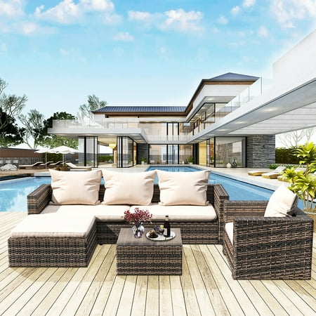 Rattan Patio Sofa Set 4 Piece Outdoor Sectional Furniture Set All-Weather PE Rattan Wicker Patio Conversation Set Cushioned Sofa Set with Glass Table for Garden Pool Deck Porch K2826