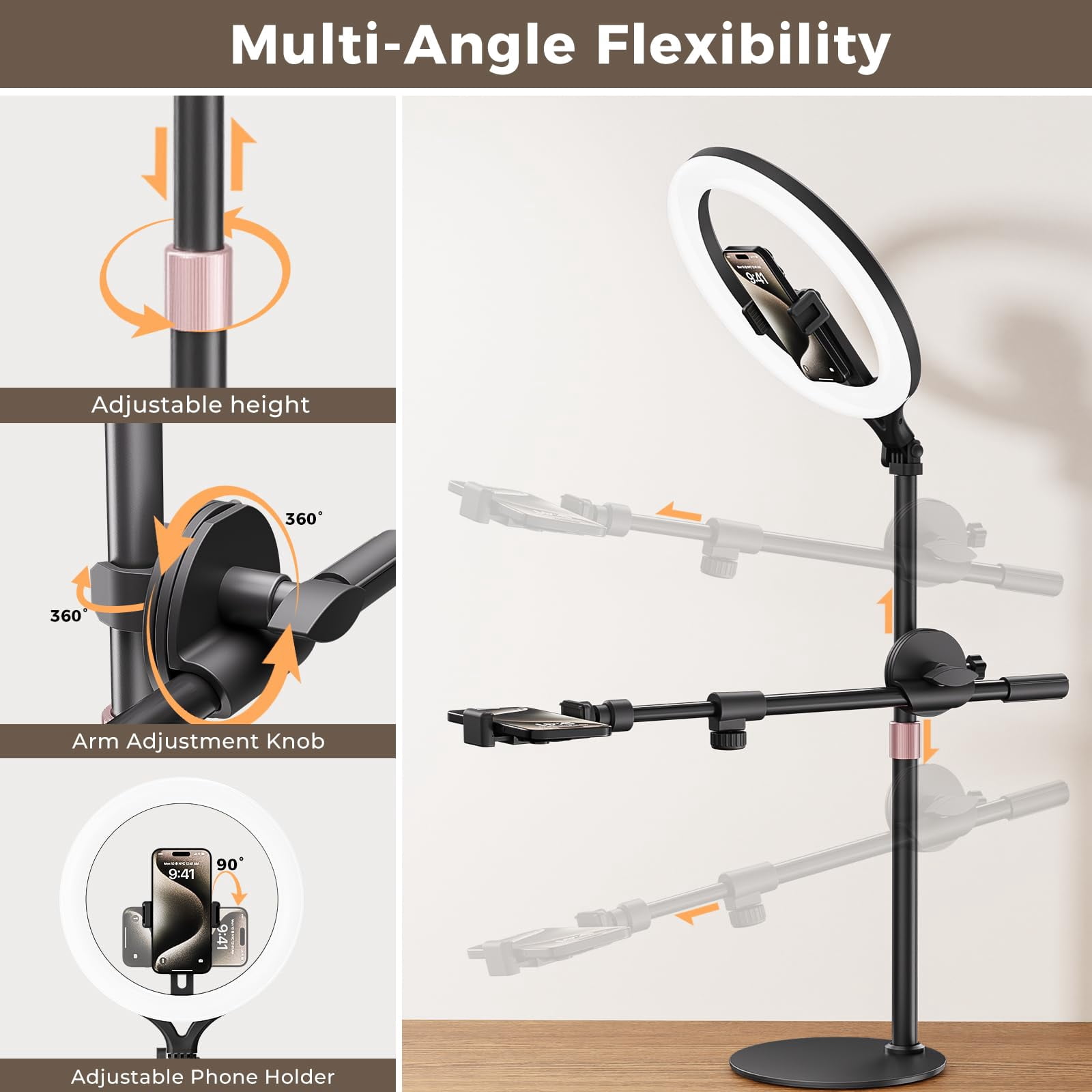 11" Desk Ring Light Wireless With Stand & Phone Holder Overhead Mount For Video Recording Tripod Cooking Videos Webcam Lamp/tiktok/youtube Compatible Camera