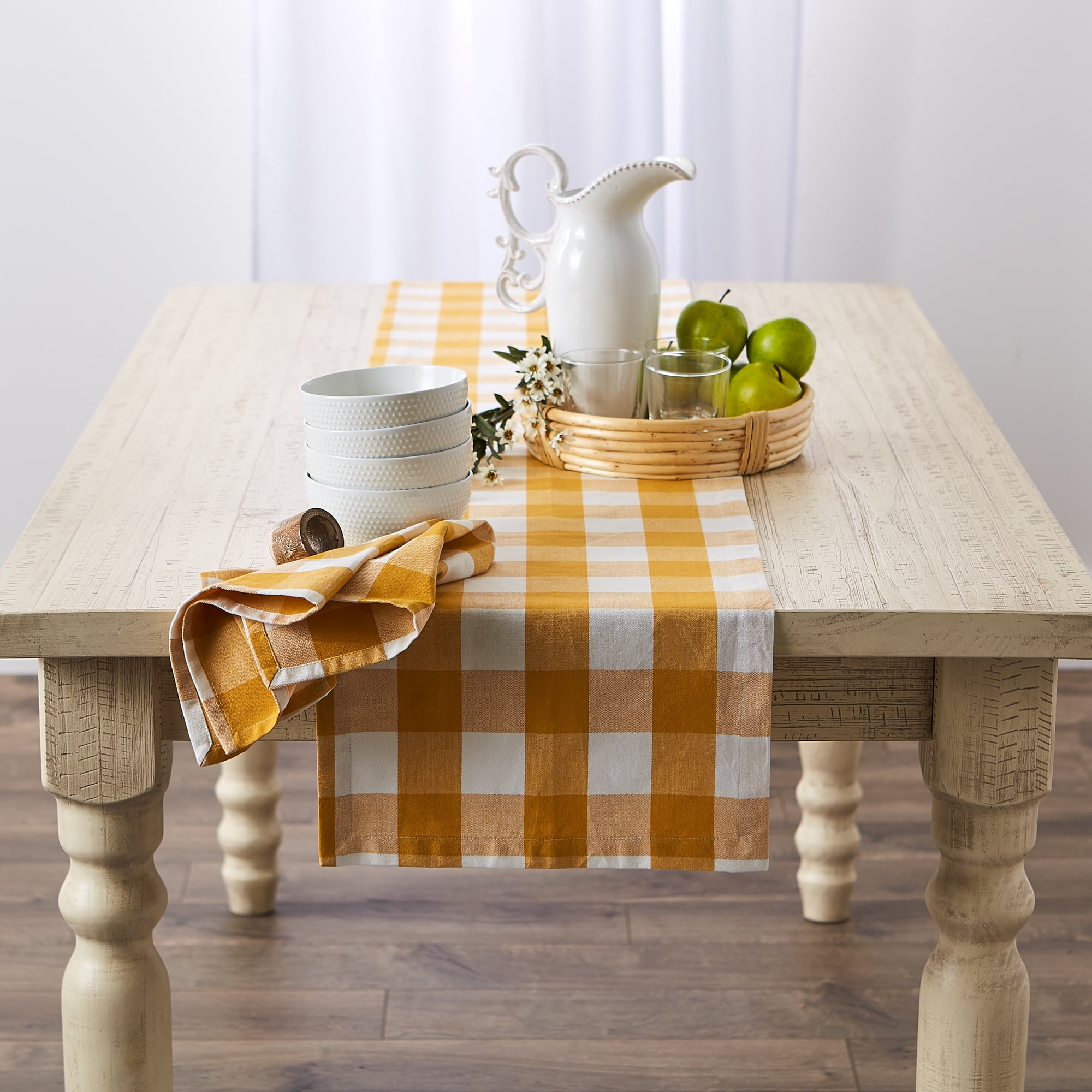 14" x 72" Golden Yellow and White Rectangular Home Essentials Buffalo Checkered Table Runner