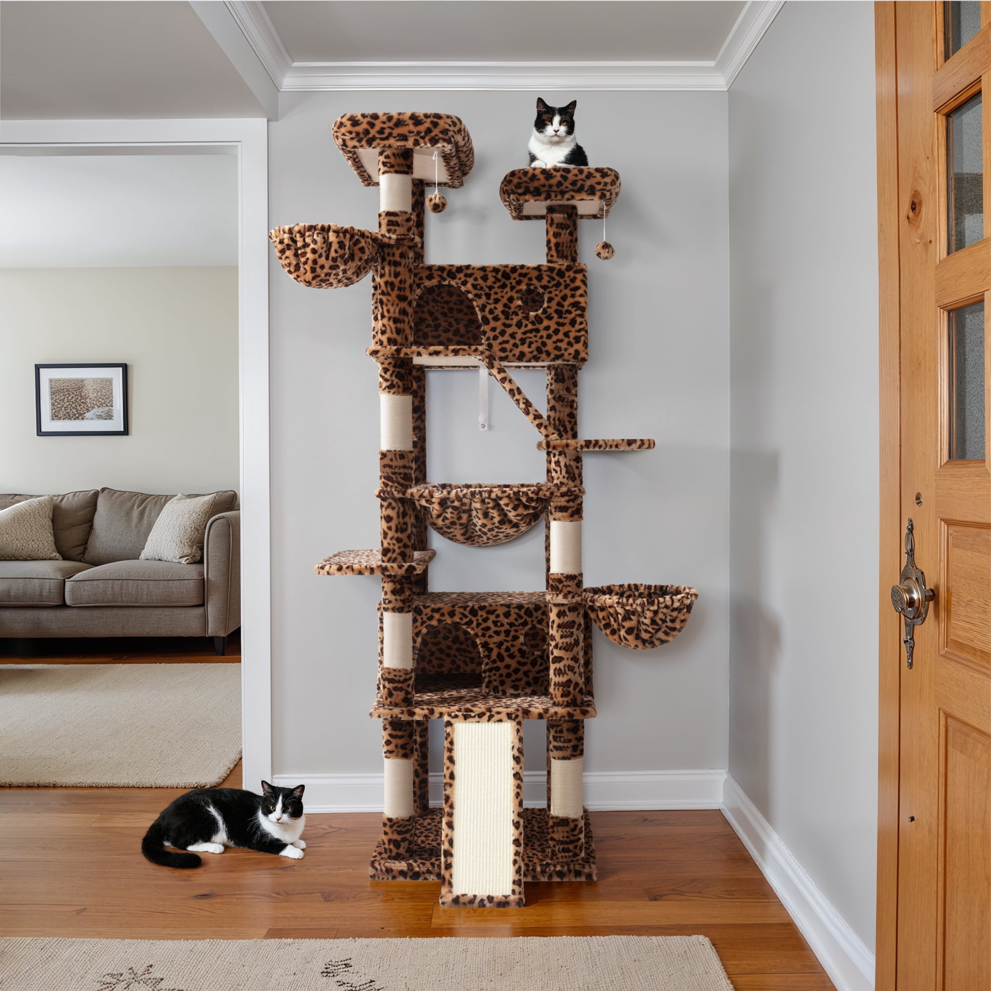 Einfach 81" Multi-Level Tall Cat Tree Tower, Larger Cat Condo with Hammock, Cozy Pussycat Perches, Sisal Scratching Posts, Leopard