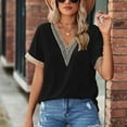 thumbnail image 6 of JGGSPWM Women's Guipure Lace Deep V Neck Crochet Deep V Neck Short Sleeve Shirt Colorblock Blouse Patchwork Top Summer Clothes Black S, 6 of 8