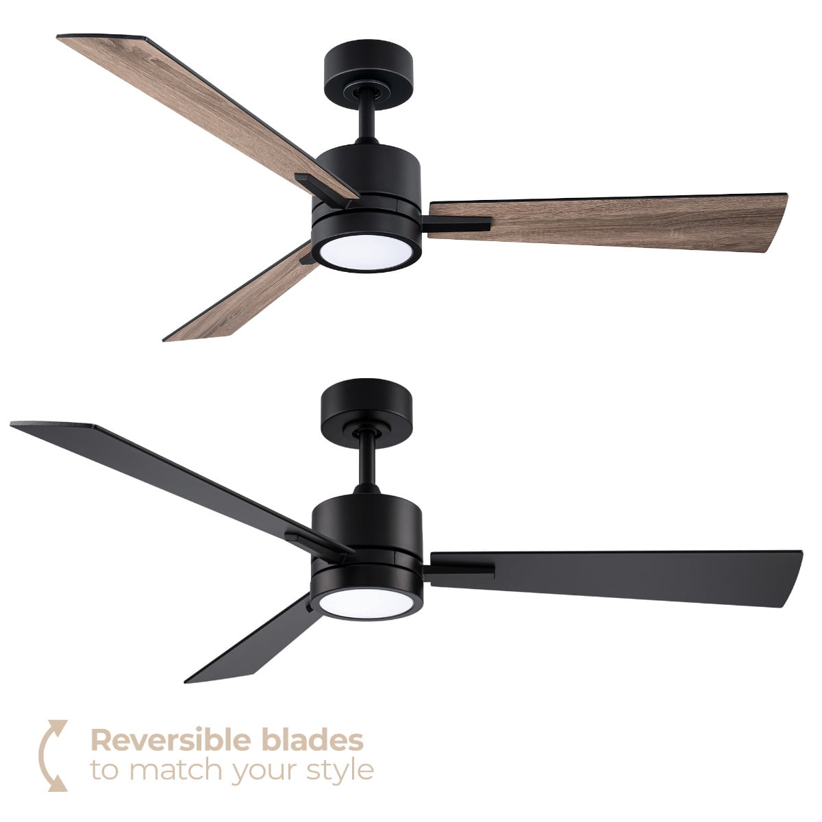 Bali 52in 3-Blade Smart Ceiling Fan 2700K-6000K CCT Tunable Range LED Light Kit in Matte Black with Reversible Black and Weathered Wood Blades Works With iOS or Android App