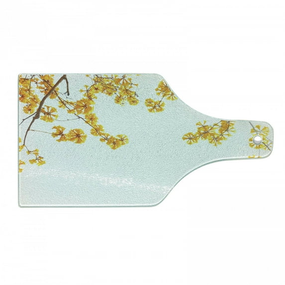 Yellow Cutting Board, Flower Tree Branches Bloom Blossoming in Spring Garden Sun Rays Nature Theme Home, Tempered Glass Cutting and Serving Board, Wine Bottle Shape, Yellow Brown, by Ambesonne