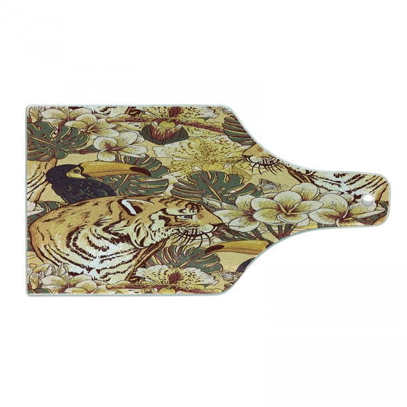 Tiger Cutting Board, Tropical Animals of Bengal and Toucan Harmonious Nature, Decorative Tempered Glass Cutting and Serving Board, Wine Bottle Shape, Earth Yellow Dark Blue, by Ambesonne
