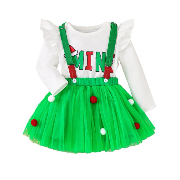 GYRATEDREAM Newborn Baby Girl Fall Winter Clothes Long Sleeve Romper Suspender Tulle Skirt My First Christmas Outfit