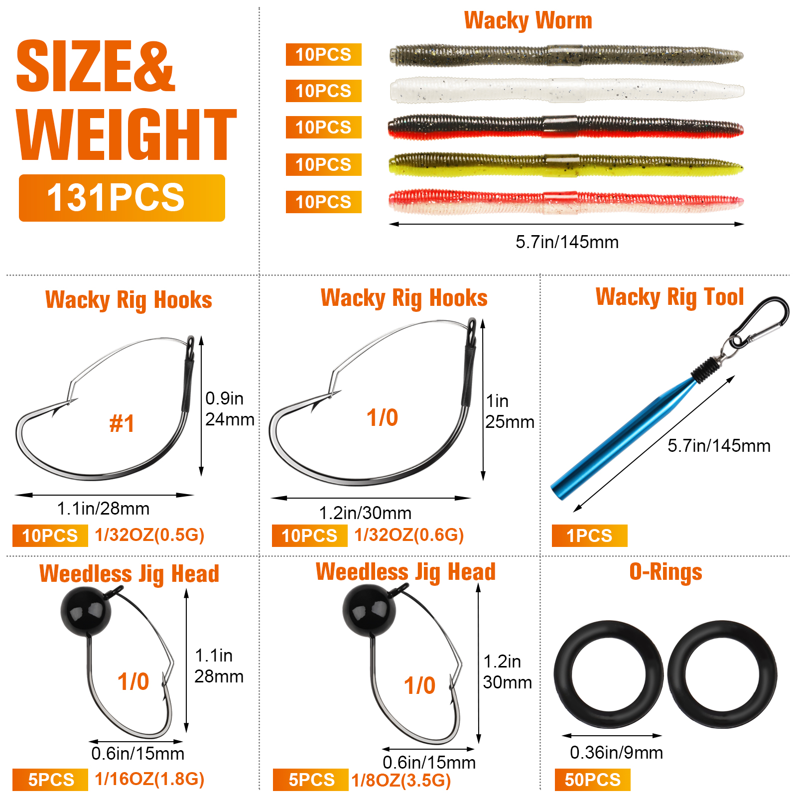 Wacky Rig Kit 131PCS Weedless Worm Hooks Jig Heads O-Rings Soft Plastic Bass Fishing Set Fishing