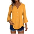 thumbnail image 1 of Craaazy Women's Relaxed Fit V Neck Blouse, Solid Color 3/4 Sleeve Flare Cuff Top, Loose Comfy Button Accent Casual Tee for Spring & Summer Gifts, 1 of 7