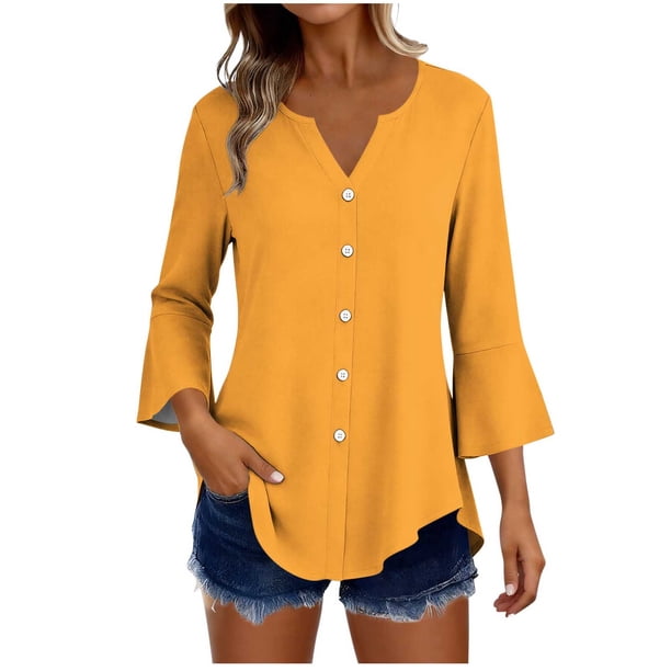 Craaazy Women's Relaxed Fit V Neck Blouse, Solid Color 3/4 Sleeve Flare Cuff Top, Loose Comfy Button Accent Casual Tee for Spring & Summer Gifts
