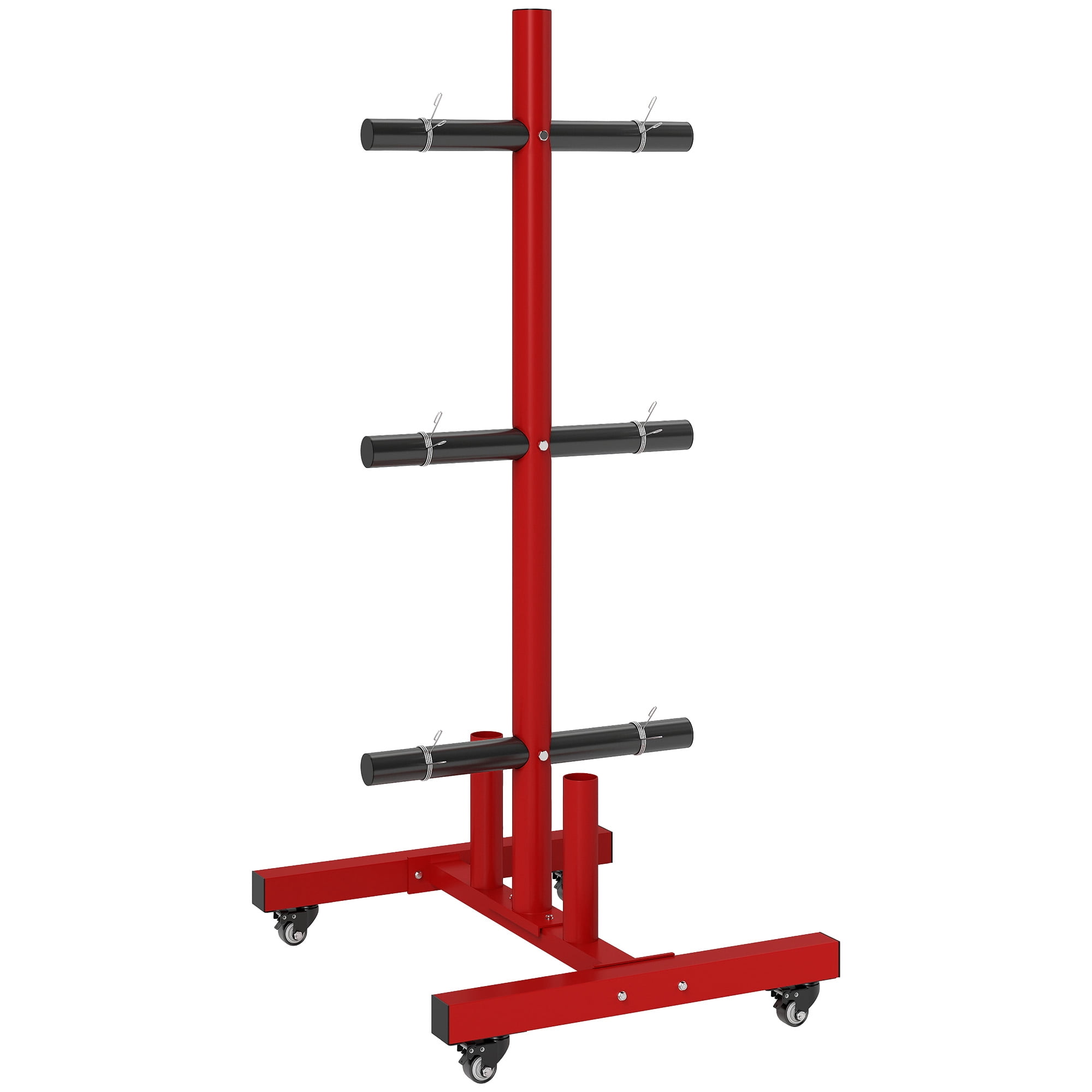 Soozier Olympic Weight Plate Rack for 2 Bars and 2 In. Plates, Barbell Storage Stand with Transport Wheels and Fasteners, 440 lbs. Capacity, Red