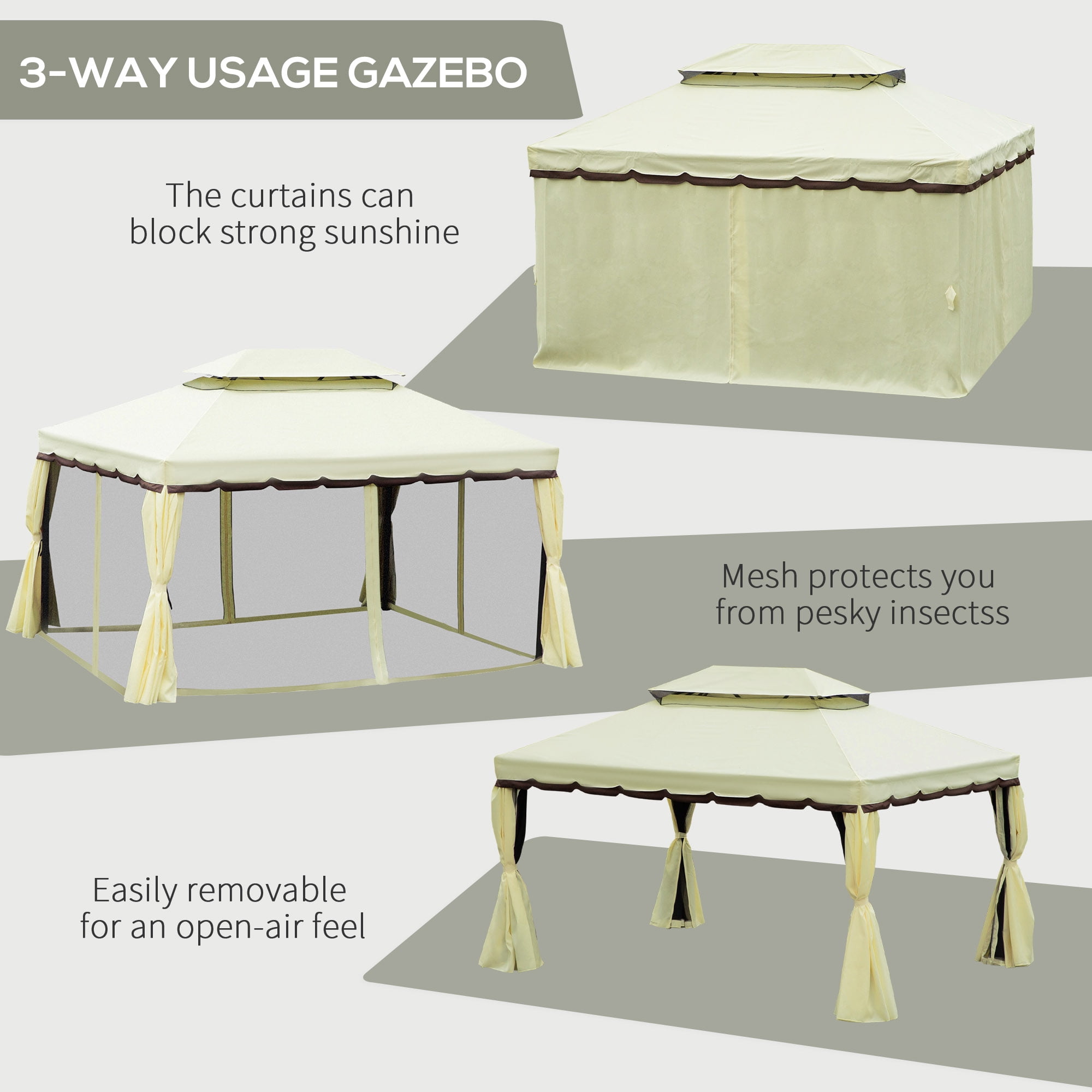 Outsunny 10' x 13' Patio Gazebo, Outdoor Gazebo Canopy Shelter with Netting and Curtains, Aluminum Frame for Garden, Lawn, Backyard and Deck, Cream White