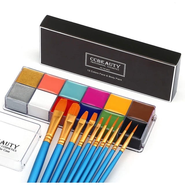 Pintura facial y corporal profesional de aceite CCBeauty 12 colores para Halloween con 10 brochas azules