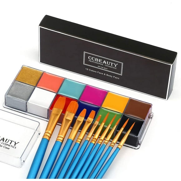 Pintura facial y corporal profesional de aceite CCBeauty 12 colores para Halloween con 10 brochas azules