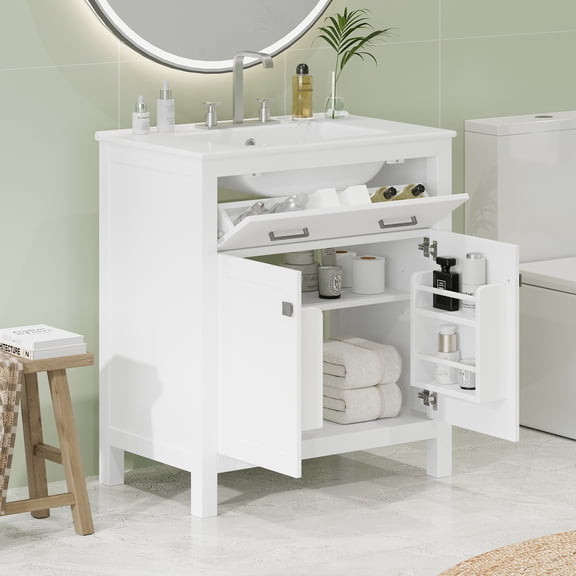 Modern 30-inch Bathroom Vanity With Ceramic Sink, White Cabinet 2 Doors And A Shelf, Soft Close Door Feature, Build Basin, Door, Robust Structure