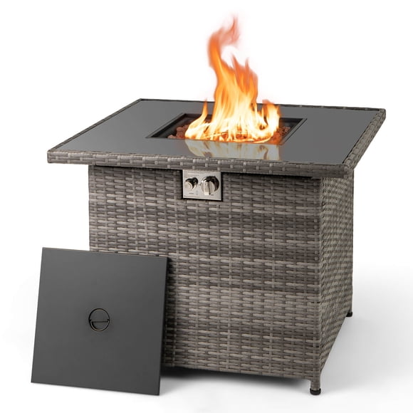 Costway 32.5" Propane Fire Pit Table Outdoor Wicker Gas Firepit with Stainless Steel Burner Gray