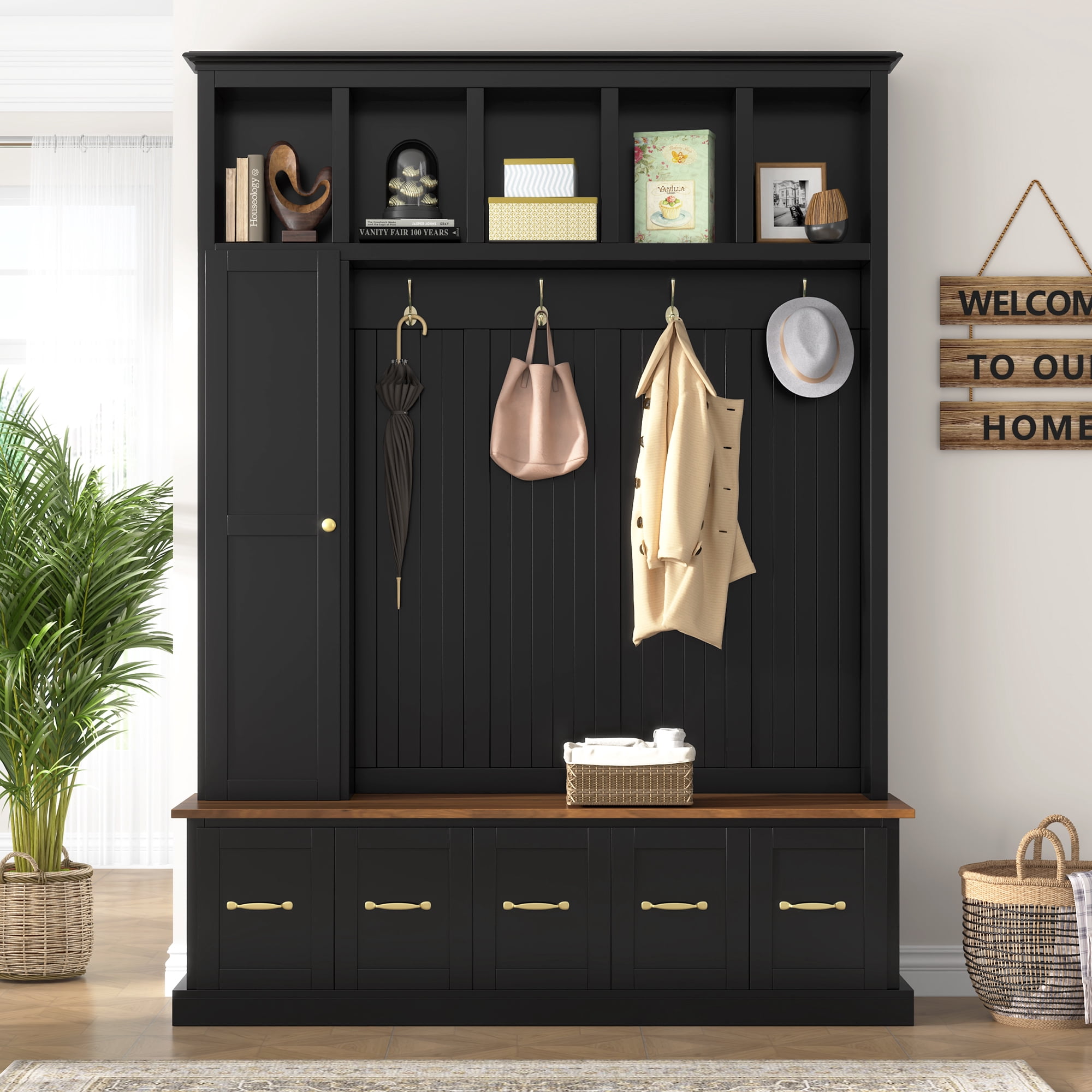 HOQBN 79"H Entryway Hall Tree with 5 Coat Hooks,Shoe Bench & 5 Drawer Storage Cabinet, All-in-One Storage Organizer Coat Rack for Hallway, Living Room,Black