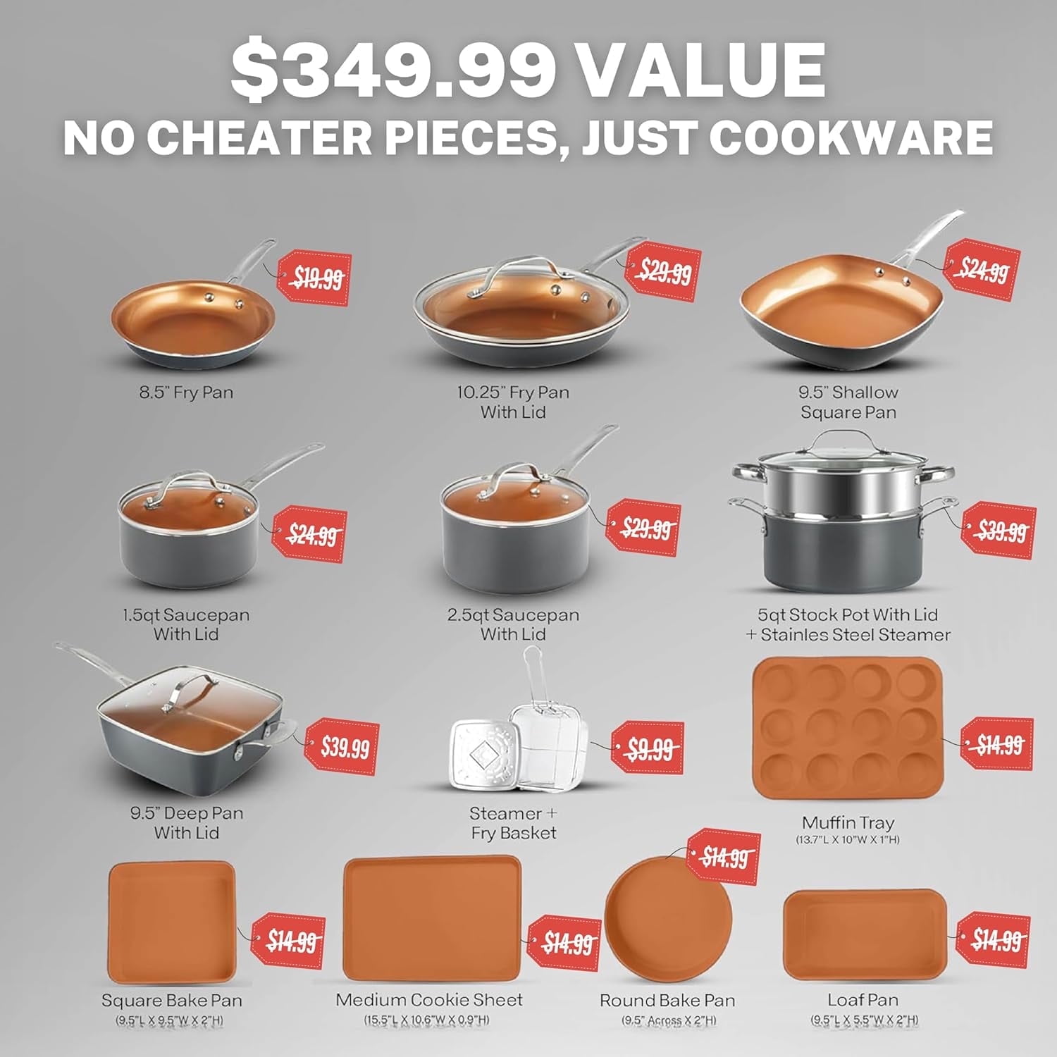 Gotham Steel True 20 Pc Pots and Pans Set Non Stick, Ceramic Cookware Set Nonstick With Square Deep Frying Pan Set, Pot and Pan Set with Bakeware Set, Oven & Dishwasher Safe, No Cheater Pieces