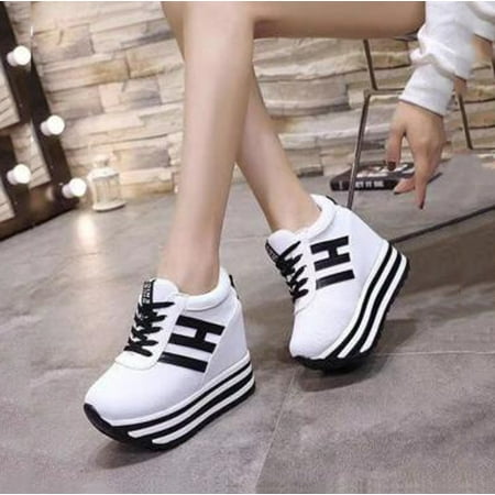

ERTUTUYI Fashion Women s Casual Lace Up Sneaker Canvas High-top Thick Bottom Sport Shoes White 36