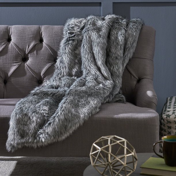 Noble House Furry Glam Faux Fur Throw Blanket, 50" x 60", Charocal