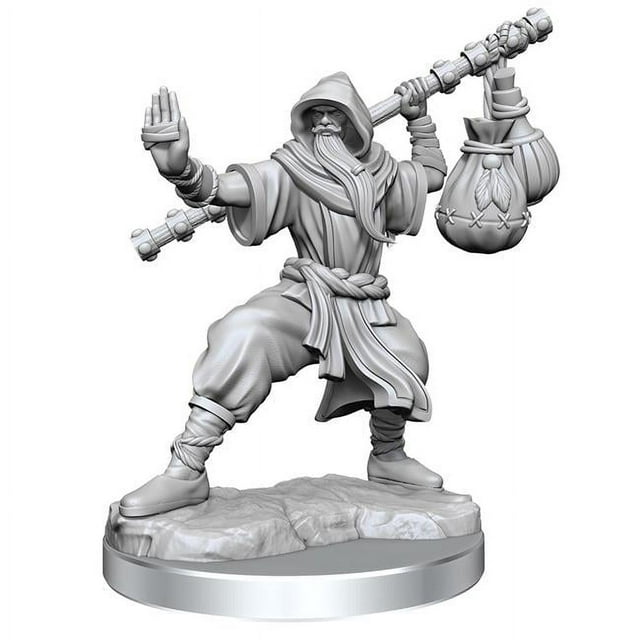 WizKids WZK75075 Male Dungeons & Dragons Frameworks Wave 1 Human Monk Miniatures. A highly detailed, unassembled, and unprimed miniature figure made of high-impact polystyrene (HIPS). The figure depicts a human monk in a dynamic pose, wearing traditional robes and holding a staff with a bag attached. Designed for experienced hobby painters, this customizable figure allows for mixing and matching parts across the Frameworks line. The base features a textured rocky surface. Suitable for enhancing Dungeons & Dragons campaigns or miniature collections.