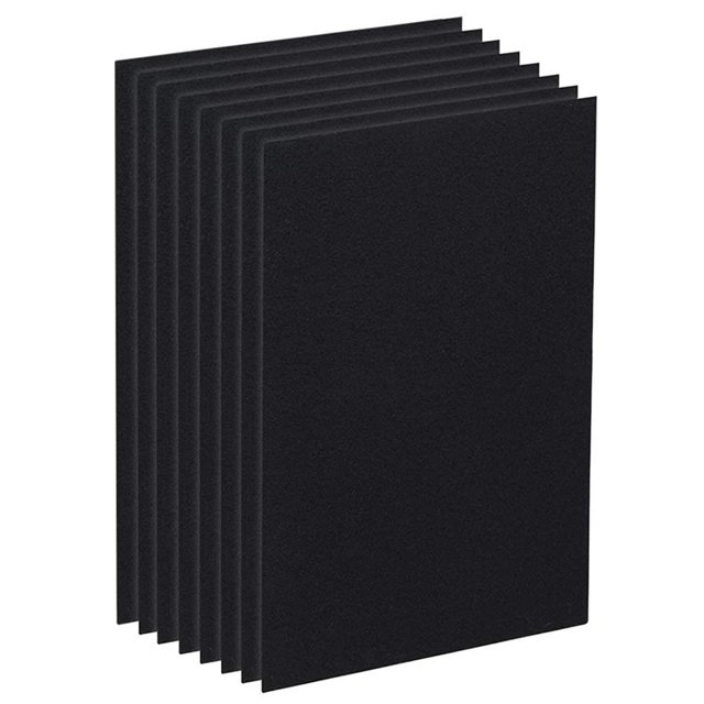 8PCS Premium Carbon Activated Pre Filters Air Purifier Accessories for HPA100 Air Purifier. A set of eight black rectangular pre-filters made from activated carbon, designed to reduce dust, particles, and odors. These filters are pre-cut to fit HPA090, 094, 100, 104, 105, and HA106 air purifiers, eliminating the need for measuring or cutting. Ideal for households with pets, smokers, or those with allergies, these filters help maintain fresh air quality and extend the life of the main HEPA filter.